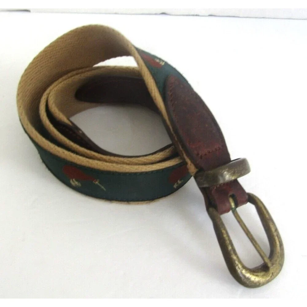 YRI Belt Bird Golfer Green Ribbon And Leather Brass Buckle Mens Size 38